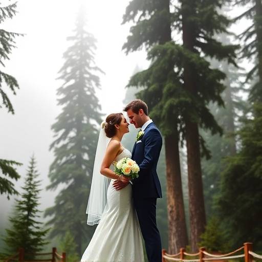 A bride and groom posing for romantic portraits in the Olympic National Park, with towering trees and a misty landscape in the background.