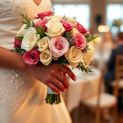 A close-up shot of wedding details, including the bride's bouquet, wedding rings, and decorated reception table at a venue in downtown Seattle.