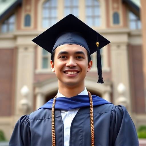 A graduate in a cap and gown holding a diploma, posing for a portrait at the University of Washington campus, with the iconic Suzzallo Library in the background.