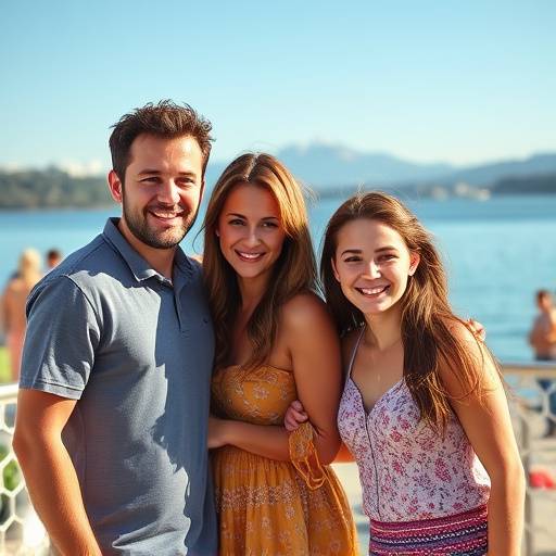 A happy family of four posing for a portrait on Alki Beach, Seattle, with the Puget Sound and Olympic Mountains visible in the distance.