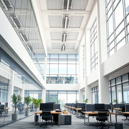 A high-quality photograph of a modern office space highlighting architectural details.