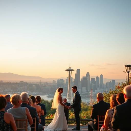 A panoramic view of a wedding ceremony at Kerry Park, Seattle, with the city skyline in the background.