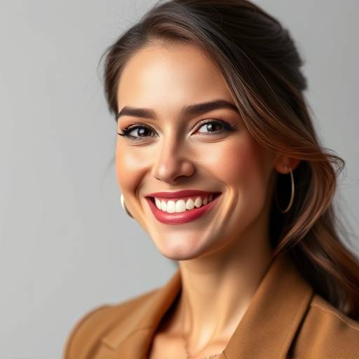A professional portrait of a woman smiling confidently in a studio setting.