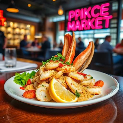 A professionally styled food photography shot featuring a delicious plate of seafood at a restaurant in Pike Place Market, Seattle.