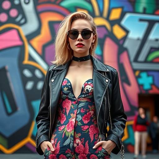 A striking fashion shoot featuring a model in avant-garde attire against a colorful mural in Pioneer Square.