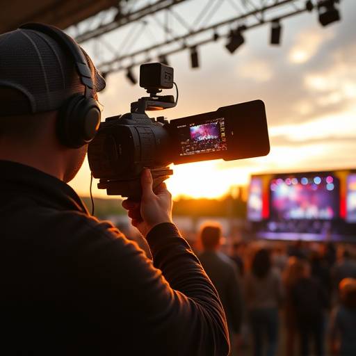 A videographer filming a live music performance at an outdoor festival.