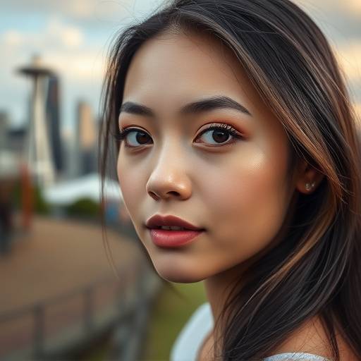 A young woman with natural makeup and soft lighting during an outdoor portrait session in Kerry Park, Seattle, with the city skyline in the background.
