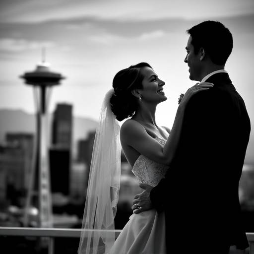Black and white wedding photo of a couple embracing under the Space Needle in Seattle.