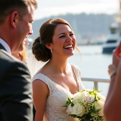 Candid photo of a bride laughing joyfully during her wedding reception at a waterfront venue in Seattle.