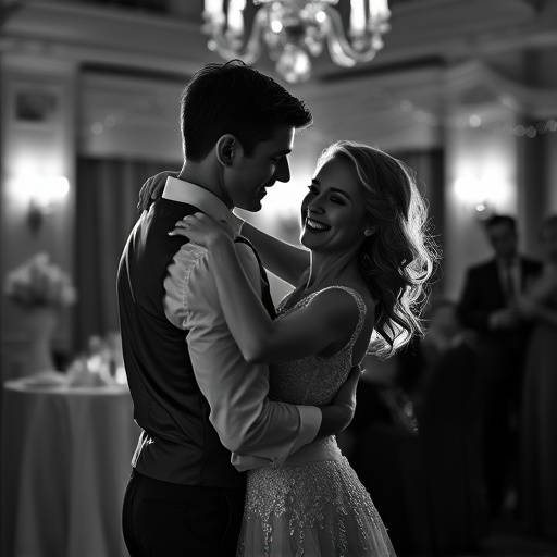 Elegant black-and-white portrait of a young couple dancing at their wedding reception.
