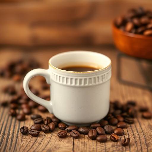 Product shot of a handcrafted coffee mug on a wooden table with coffee beans.