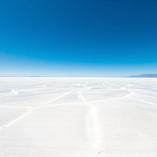 Vast salt flats stretching to the horizon under a clear blue sky in Salar de Uyuni, Bolivia